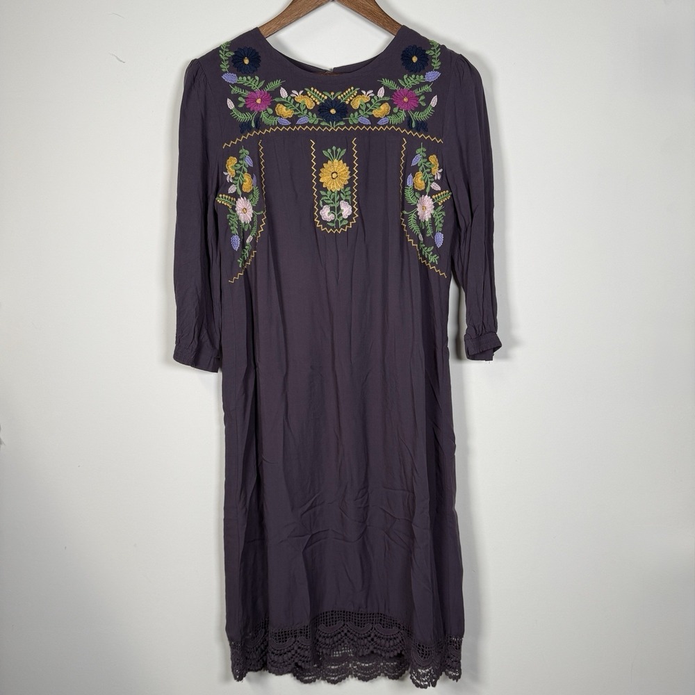 Tea N Rose Dress Women's 3-4 Sleeve Muted Purple Embroidered Peasant ‎ Medium